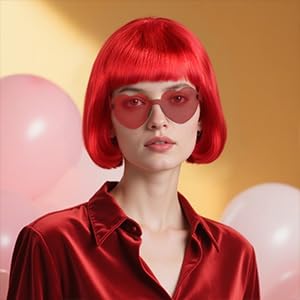BECULINA Leuchtend Roter Bob Perücke【+Haarkappe】 Rote lustige Perücke mit Pony für Frauen Leuchtend Rötliche Bob Cosplay Perücken für Cosplay Halloween Party Kostüm Outfit von BECULINA