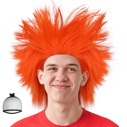 BECULINA Orange Spiky Perücke 【+Haarkappe】 Synthetische Haare Verrückte Kurze Perücke für Halloween Kostüm Orange Verrückte Cosplay Perücken für Männer Frauen Erwachsene Lustige Party Anime Perücken von BECULINA