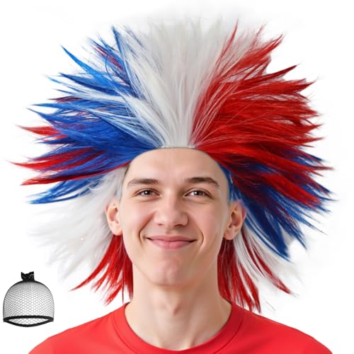 BECULINA Rot Weiß Blau Spiky Perücken 【+Haarkappe】 Synthetische kurze bunte lustige verrückte Perücke Themenparty Fußball Sport Fan Perücken für Erwachsene Männer Halloween Kostüm Cosplay Outfit von BECULINA