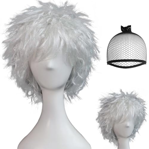 BECULINA Silberne Stachelperücke mit Haarkappe Kurze weiße geschichtete Perücken mit Pony Männer Silberne unordentliche flauschige Cosplay-Perücke für Halloween Weihnachtsfeier Kostüm Outfit Haare von BECULINA