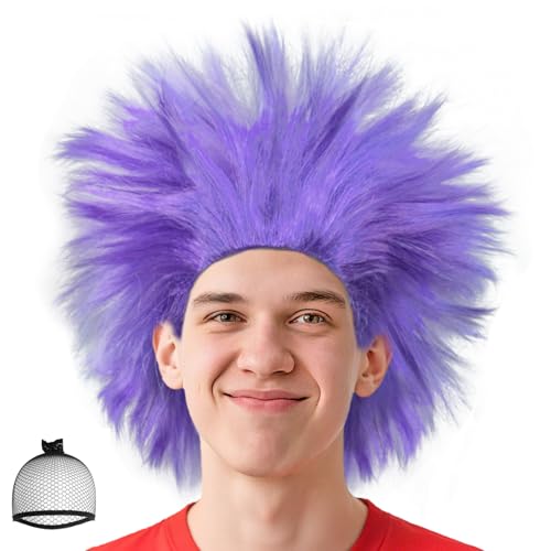 BECULINA lila Spiky Perücke 【+Haarkappe】 Synthetische Kurze Verrückte Perücke für Cosplay lila Perücken Halloween Charaktere Party Themen Musikfestivals Kostüm Perücken für Erwachsene Männer von BECULINA