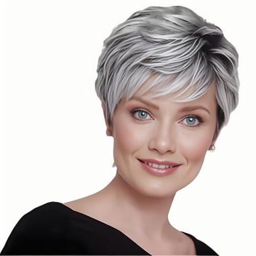 BECUS Graue Perücke für Damen, graue Perücke für schwarze Frauen, grau, für weiße Frauen, Pixie-Schnitt, Schichten, für Damen, synthetisch, mit freier Perückenkappe (Grau Mix N BECUS Graue Perücke für Damen, graue Perücke für schwarze Frauen, grau, für weiße Frauen, Pixie-Schnitt, Schichten, für Damen, synthetisch, mit freier Perückenkappe (Grau Mix N von BECUS