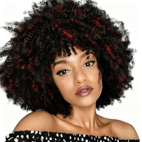 Becus Afro Perücke für Schwarze Frauen 25,4 cm Weiche Lockige Afro Perücken mit Pony Synthetische Kurze Lockige Perücken für Frauen Täglichen Gebrauch und Cosplay (Schwarz Rot#1B/Bug) von BECUS