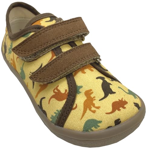 BEDA Leichte & flexible Textil Schuhe, Barfußschuhe mit Minimalsohle Dinosaurs in Gelb bunt (Gelb Dino, EU Schuhgrößensystem, Grundschulkind, Numerisch, M, 28) von BEDA