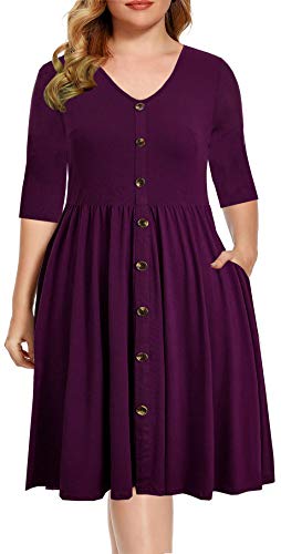 BEDOAR Damen Casual Plus Size Kleid V-Ausschnitt Knielang A-Linie Party Cocktail Swing Kleid mit Taschen, Violett, 44 Mehr von BEDOAR