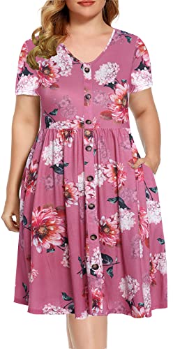 BEDOAR Damen Casual Plus Size Kleid V-Ausschnitt Knielang A-Linie Party Cocktail Swing Kleid mit Taschen, pink floral, 50 Mehr von BEDOAR