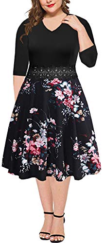 BEDOAR Damen Elegant Spitze Stickerei Übergröße Ausgestellt A-Linie Swing Casual Party Cocktail Kleider mit Taschen, 3/4-Ärmel, Schwarz und Blumenmuster, 52 Mehr BEDOAR Damen Elegant Spitze Stickerei Übergröße Ausgestellt A-Linie Swing Casual Party Cocktail Kleider mit Taschen, 3/4-Ärmel, Schwarz und Blumenmuster, 52 Mehr von BEDOAR