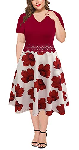 BEDOAR Damen Elegant Spitze Stickerei Übergröße Ausgestellt A-Linie Swing Casual Party Cocktail Kleider mit Taschen, Rote Blumen, 50 Mehr von BEDOAR