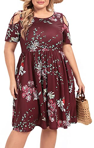 BEDOAR Damen Plus Size Sommerkleider Kurzarm Cold Shoulder Casual A-Linie Swing Midi Kleider mit Taschen, Rote Blumen, 50 Mehr von BEDOAR