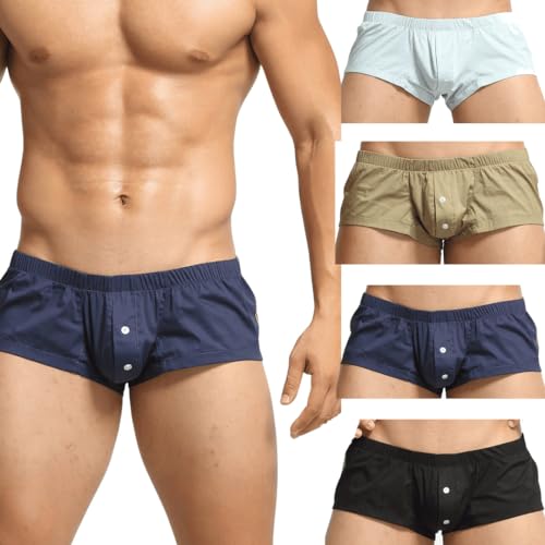 SEOBEAN Herren Boxershorts 4er-Pack – Dunkelblau, Hellblau, Beige, Schwarz – Low Rise Non-Stretch Mini Fit Trunks Unterwäsche, Größe L von BEEMEN