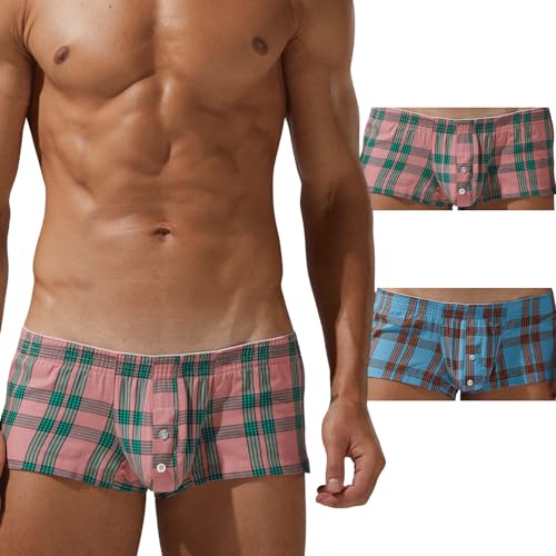 SEOBEAN Herren Boxershorts Low Rise Trunks 2er Pack 100% Baumwolle – Pink & Dunkelblau – Größe L – Mini Fit, Kariertes Design, atmungsaktiv mit Eingriff von BEEMEN