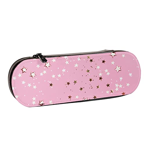 BEEOFICEPENG Federmäppchen, goldene Sterne, glitzernd, rosa, Leder-Federmäppchen, Stifttasche, Büro, Schule, Schmuckkästchen, Make-up-Pinsel-Box von BEEOFICEPENG