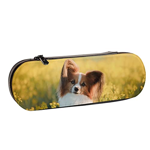 BEEOFICEPENG Federmäppchen,Hund Papillon auf Feldblumen Frühling,Federmäppchen aus Leder,Bleistiftbeutel,Büro,Schule,Schmuckkästchen,Make-up-Pinselbox von BEEOFICEPENG