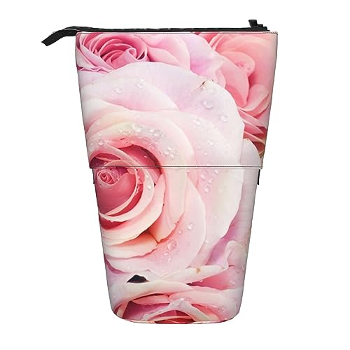 BEEOFICEPENG Teleskop-Federmäppchen, süßes rosa Pastell-Rosen-Druck-Ständer-Bleistifthalter, Bleistiftbeutel, Stifttasche, Make-up-Tasche von BEEOFICEPENG