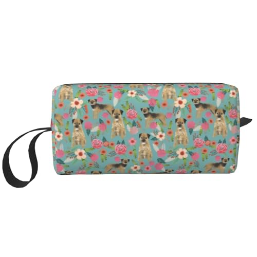 Make-up-Tasche, Empfangstasche, Reise-Kosmetiktasche, Kulturbeutel, tragbarer Make-up-Taschen-Organizer,Border Terrier Florals Hunderasse Blau von BEEOFICEPENG