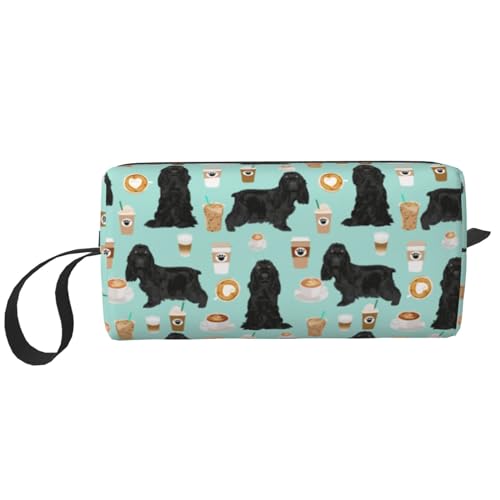 Make-up-Tasche, Empfangstasche, Reise-Kosmetiktasche, Kulturbeutel, tragbarer Make-up-Taschen-Organizer,Cocker Spaniel mit Kaffee Schwarzer Cocker Spaniel Hund von BEEOFICEPENG