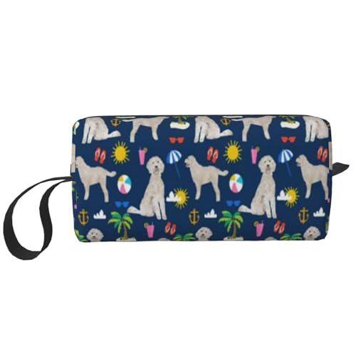 Make-up-Tasche, Empfangstasche, Reise-Kosmetiktasche, Kulturbeutel, tragbarer Make-up-Taschen-Organizer,Goldenes Gekritzel-Hundestrand-Sommer-Gekritzel von BEEOFICEPENG