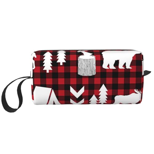 Make-up-Tasche, Empfangstasche, Reise-Kosmetiktasche, Kulturbeutel, tragbarer Make-up-Taschen-Organizer,Rot-schwarzes Büffelkaro von BEEOFICEPENG