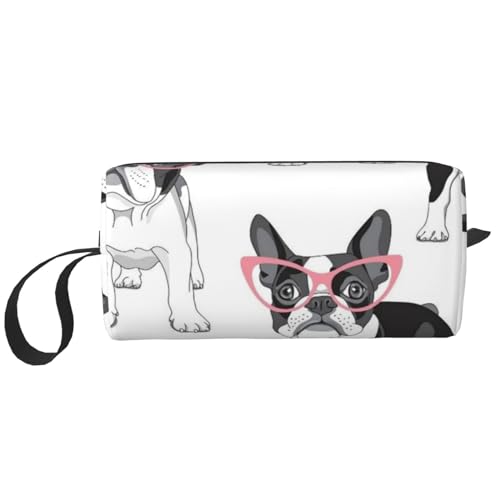 Make-up-Tasche, Empfangstasche, Reise-Kosmetiktasche, Kulturbeutel, tragbarer Make-up-Taschen-Organizer,Schwarzer Frenchie-Cartoon, französische Bulldogge, rosa Brille, weißer Hund von BEEOFICEPENG