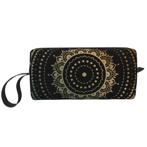 Make-up-Tasche, Empfangstasche, Reise-Kosmetiktasche, Kulturbeutel, tragbarer Make-up-Taschen-Organizer,Schwarzes ethnisches goldenes Mandala von BEEOFICEPENG