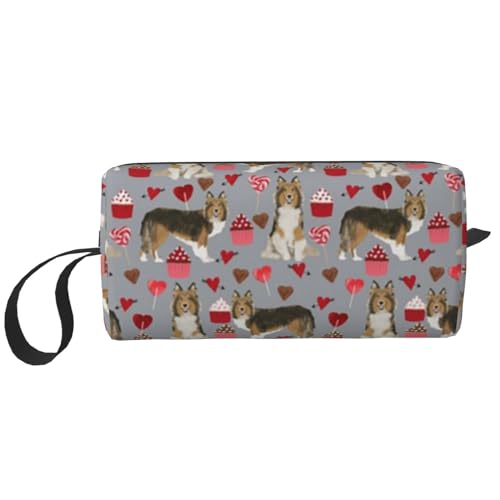 Make-up-Tasche, Empfangstasche, Reise-Kosmetiktasche, Kulturbeutel, tragbarer Make-up-Taschen-Organizer,Sheltie Love Dogs Valentinstag-Schäferhund-Design, Grau von BEEOFICEPENG