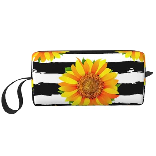 Make-up-Tasche, Empfangstasche, Reise-Kosmetiktasche, Kulturbeutel, tragbarer Make-up-Taschen-Organizer,Sonnenblumen auf schwarz-weiß gestreiftem Hintergrund von BEEOFICEPENG