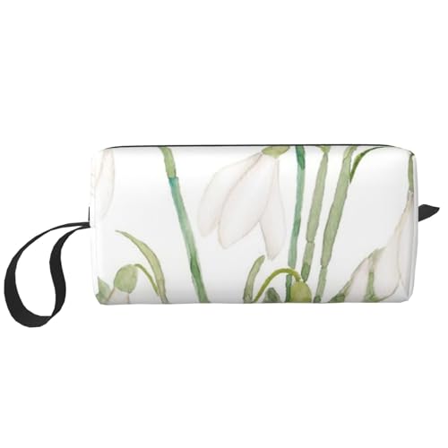 Make-up-Tasche, Empfangstasche, Reise-Kosmetiktasche, Kulturbeutel, tragbarer Make-up-Taschen-Organizer,Weiße Schneeglöckchen-Blumen-botanische Aquarellmalerei von BEEOFICEPENG