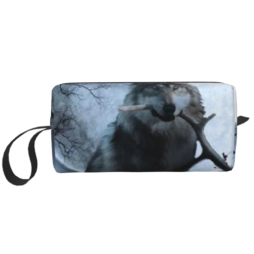 Make-up-Tasche, Empfangstasche, Reise-Kosmetiktasche, Kulturbeutel, tragbarer Make-up-Taschen-Organizer,Wolf- und Monddruck von BEEOFICEPENG