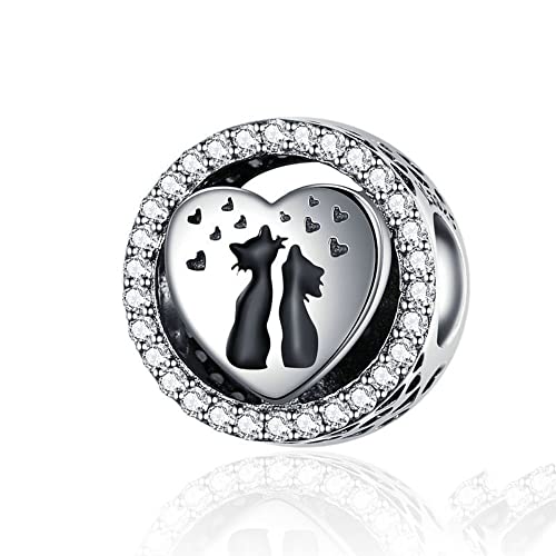 BEEUVIP Damen Paare Katze Charm Anhänger für Armband 925 Sterling Silber Geburtsstein Charms Beads passend für Armband von BEEUVIP
