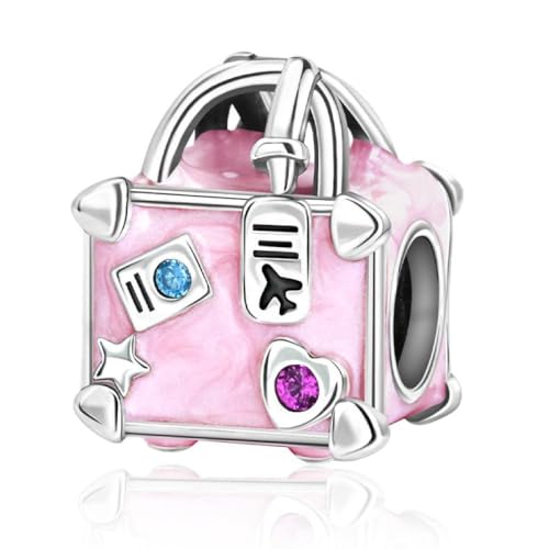 BEEUVIP Damen Rosa Gepäck Charm Anhänger für Armband 925 Sterling Silber Geburtsstein Charms Beads von BEEUVIP