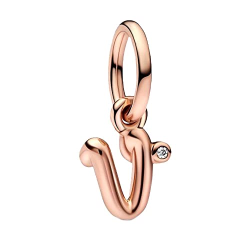 BEEUVIP Rosengold V Charm-Anhänger, 925 Sterlingsilber, Motiv: Buchstabe des Alphabets, für Armbänder, kompatibel mit europäischen Armbändern von BEEUVIP