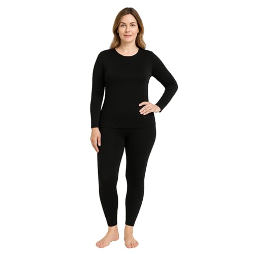 BEEYANOPAL Damen Thermo Unterwäsche Set mit Fleecefutter Wärmendes Funktionswäsche Set mit Langarmshirt und Hose für Winter (Schwarz, XXL) von BEEYANOPAL