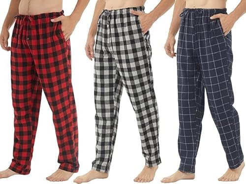 3er Pack Pyjamahose Herren Baumwolle Flanell Weiche Schlafanzughose Kariert Männer Pj Bottoms Lounge Schlafanzug mit Knopfleiste und Taschen von BEGIANT