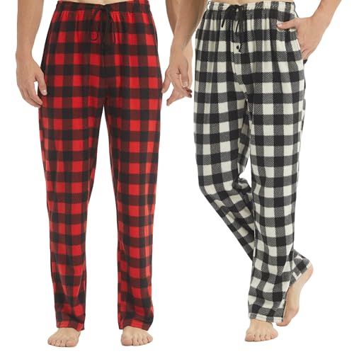 BEGIANT 2er Pack Herren Pyjama Hose Lang Fleece Winter Warm Superweich Kariert Schlafanzug mit Taschen und Kordelzug Pyjamahose Herren Lang Schlafanzughosen für Herren von BEGIANT