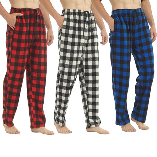 BEGIANT 2er Pack Herren Pyjama Hose Lang Fleece Winter Warm Superweich Kariert Schlafanzug mit Taschen und Kordelzug Pyjamahose Herren Lang Schlafanzughosen für Herren von BEGIANT