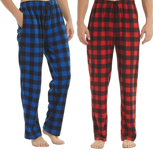 BEGIANT 2er Pack Herren Pyjama Hose Lang Fleece Winter Warm Superweich Kariert Schlafanzug mit Taschen und Kordelzug Pyjamahose Herren Lang Schlafanzughosen für Herren von BEGIANT