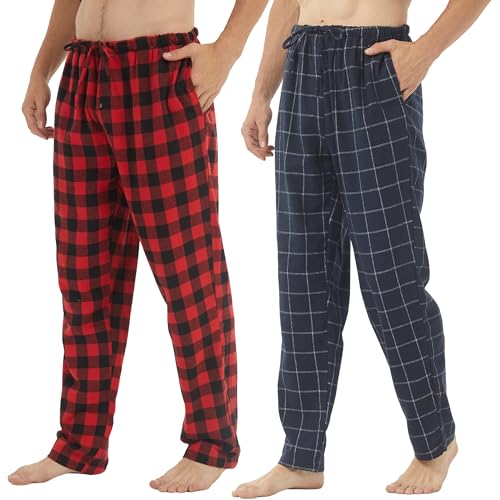 BEGIANT 2er Pack Pyjamahose Herren Baumwolle Flanell Weiche Schlafanzughose Kariert Männer Pj Bottoms Lounge Schlafanzug mit Knopfleiste und Taschen von BEGIANT