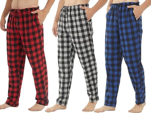 3er Pack Pyjamahose Herren Baumwolle Flanell Weiche Schlafanzughose Kariert Männer Pj Bottoms Lounge Schlafanzug mit Knopfleiste und Taschen von BEGIANT