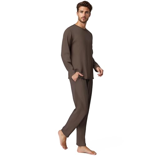 BEGIANT Herren Schlafanzug Langarm 2-teilig Rippstrick Pyjama Set mit Rundhals & Taschen Weiche Nachtwäsche für Sommer Winter Lounge Set Hausanzug von BEGIANT