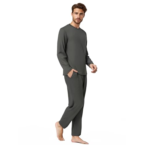 BEGIANT Herren Schlafanzug Langarm 2-teilig Rippstrick Pyjama Set mit Rundhals & Taschen Weiche Nachtwäsche für Sommer Winter Lounge Set Hausanzug von BEGIANT
