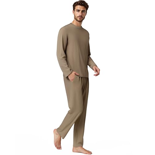 BEGIANT Herren Schlafanzug Langarm 2-teilig Rippstrick Pyjama Set mit Rundhals & Taschen Weiche Nachtwäsche für Sommer Winter Lounge Set Hausanzug von BEGIANT