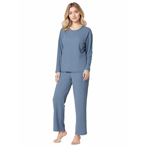 BEGIANT Schlafanzug Damen Langarm 2-teilig Superweiches Rippstrick Pyjama Set mit Rundhals & Taschen Atmungsaktive Nachtwäsche für Sommer Winter Hausanzug Loungewear von BEGIANT