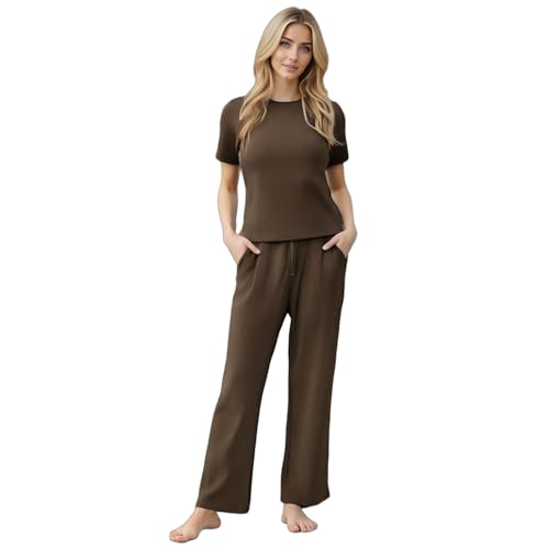 BEGIANT Schlafanzug Damen Langarm 2-teilig Superweiches Rippstrick Pyjama Set mit Rundhals & Taschen Atmungsaktive Nachtwäsche für Sommer Winter Hausanzug Loungewear von BEGIANT