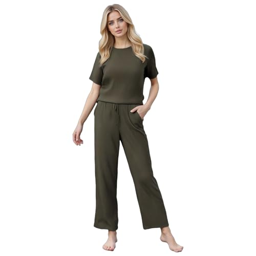 BEGIANT Schlafanzug Damen Langarm 2-teilig Superweiches Rippstrick Pyjama Set mit Rundhals & Taschen Atmungsaktive Nachtwäsche für Sommer Winter Hausanzug Loungewear von BEGIANT