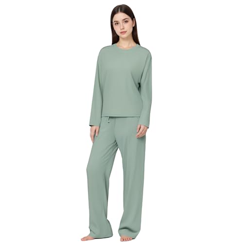 BEGIANT Schlafanzug Damen Langarm 2-teilig Superweiches Rippstrick Pyjama Set mit Rundhals & Taschen Atmungsaktive Nachtwäsche für Sommer Winter Hausanzug Loungewear von BEGIANT