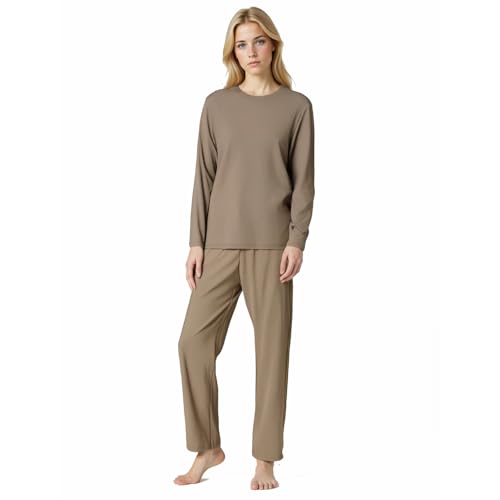 BEGIANT Schlafanzug Damen Langarm 2-teilig Superweiches Rippstrick Pyjama Set mit Rundhals & Taschen Atmungsaktive Nachtwäsche für Sommer Winter Hausanzug Loungewear von BEGIANT