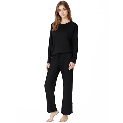 BEGIANT Schlafanzug Damen Langarm 2-teilig Superweiches Rippstrick Pyjama Set mit Rundhals & Taschen Atmungsaktive Nachtwäsche für Sommer Winter Hausanzug Loungewear von BEGIANT