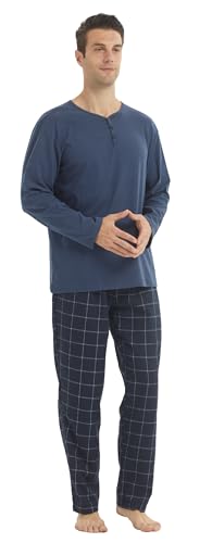 BEGIANT Schlafanzug Herren Lang Zweiteiliger Winter Henley Langarm Shirt Flanell Karierter Pyjamahose mit Tasche Weich Fleece Pyjama Loungewear Set von BEGIANT