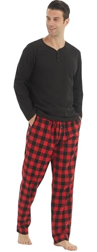 BEGIANT Schlafanzug Herren Lang Zweiteiliger Winter Henley Langarm Shirt Flanell Karierter Pyjamahose mit Tasche Weich Fleece Pyjama Loungewear Set von BEGIANT