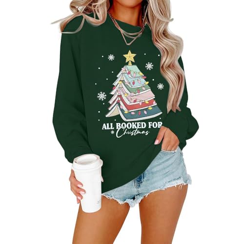 BEIDEFY Buch Weihnachtsbaum Sweatshirt für Damen All Booked For Christmas Langarm Shirt Bibliothekar Weihnachten Urlaub Tops, Grün , XXL von BEIDEFY